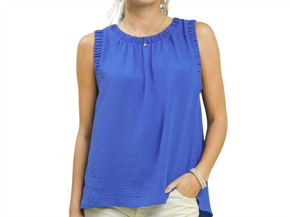 NEW UMGEE solid ruffle neck sleeveless top in sapphire
